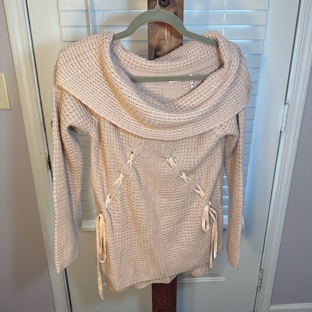 Ohmg Dusty Rose Pullover Knit Cowl Turtle Neck Lace Up Ribbon Sweater Blouse M - Picture 2 of 11